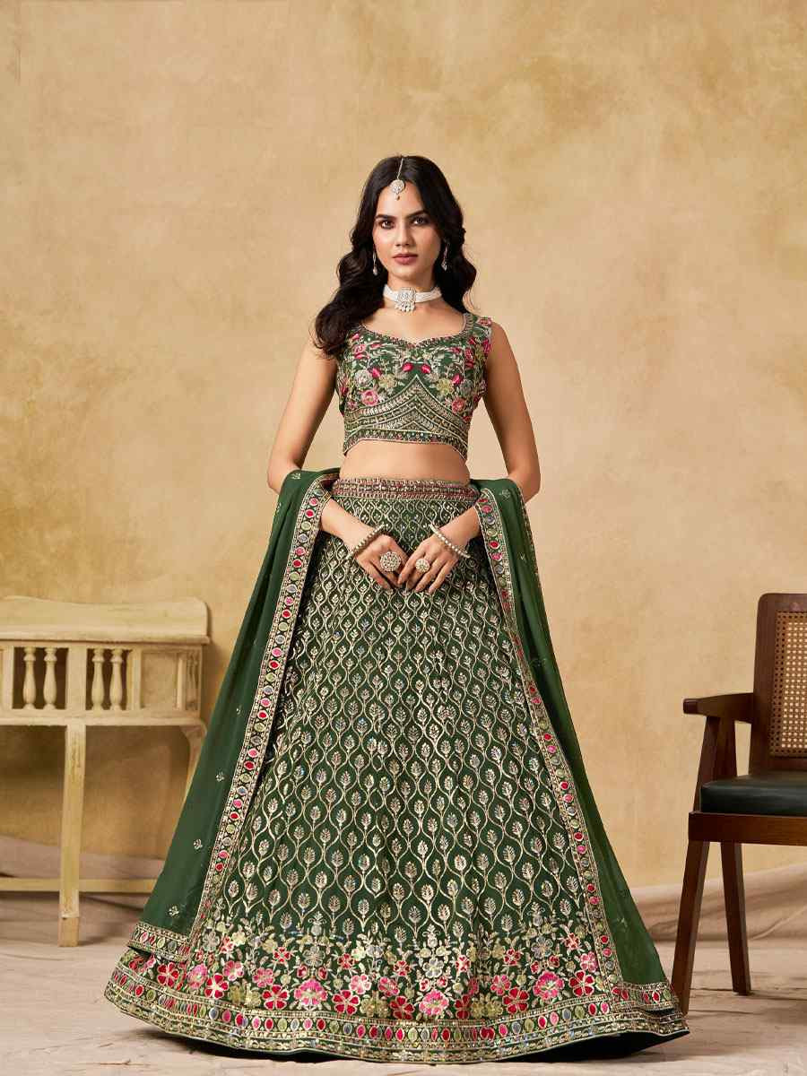 Green Georgette Embroidered Wedding Reception Festival Heavy Border Lehenga Choli