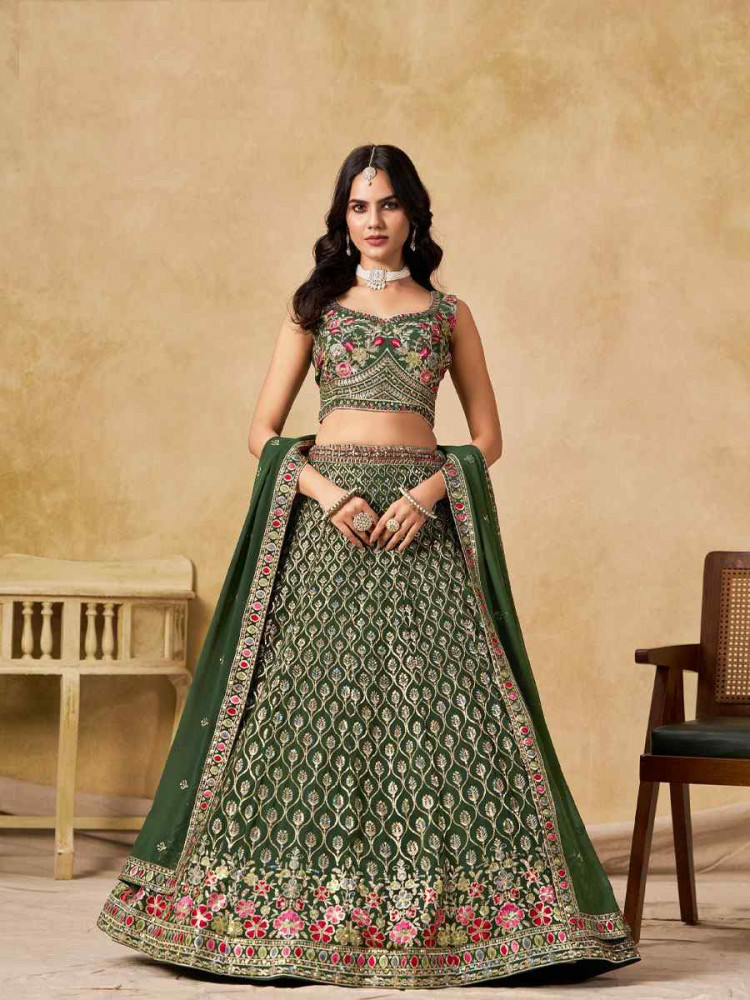 Image of Green Georgette Embroidered Wedding Reception Festival Heavy Border Lehenga Choli