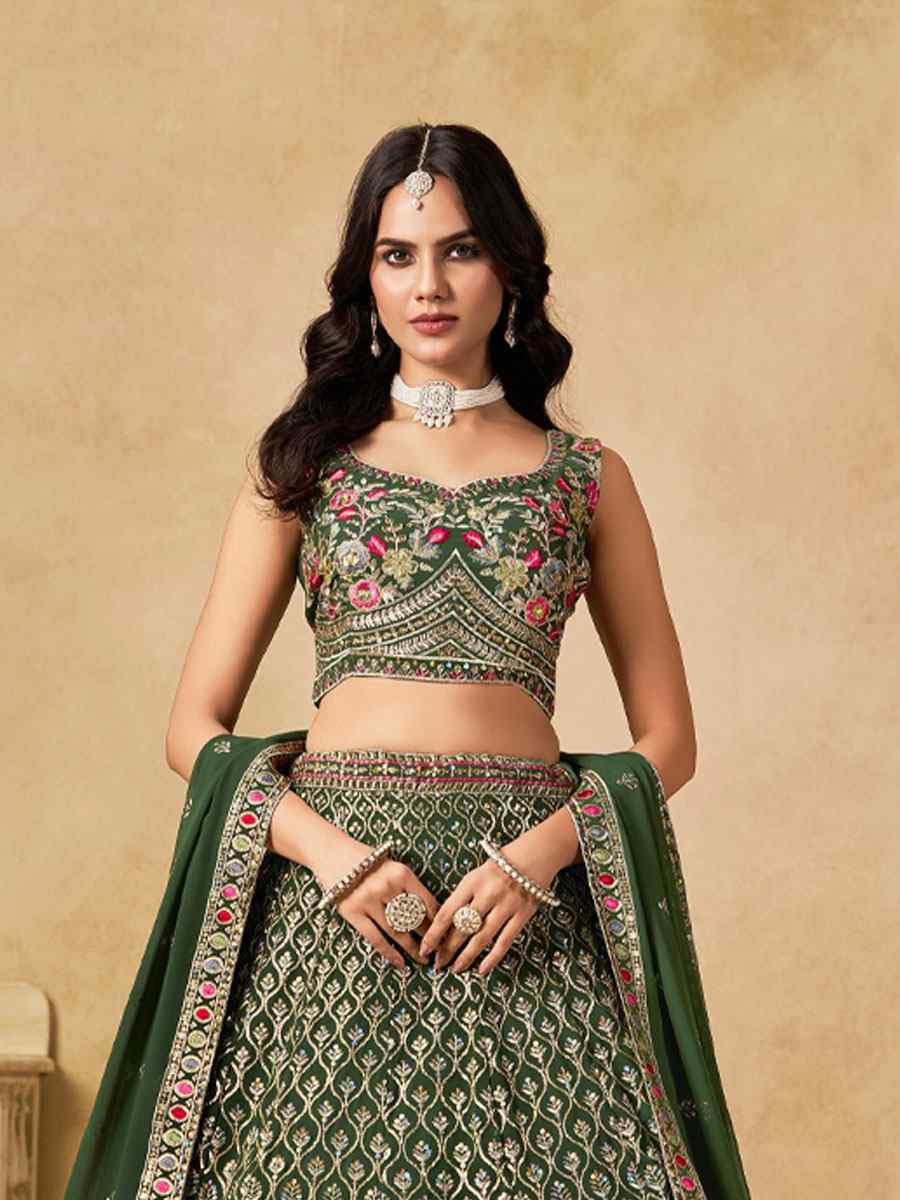 Green Georgette Embroidered Wedding Reception Festival Heavy Border Lehenga Choli