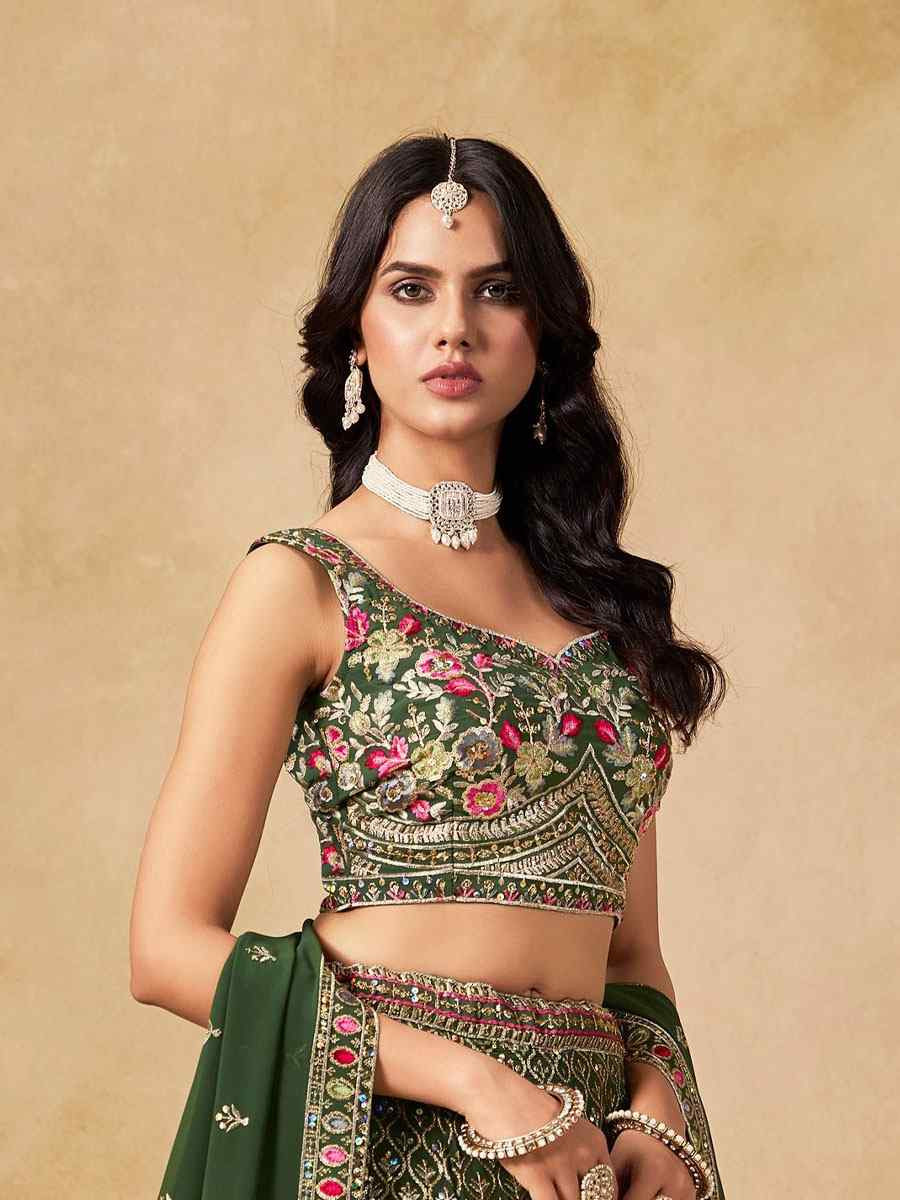 Green Georgette Embroidered Wedding Reception Festival Heavy Border Lehenga Choli