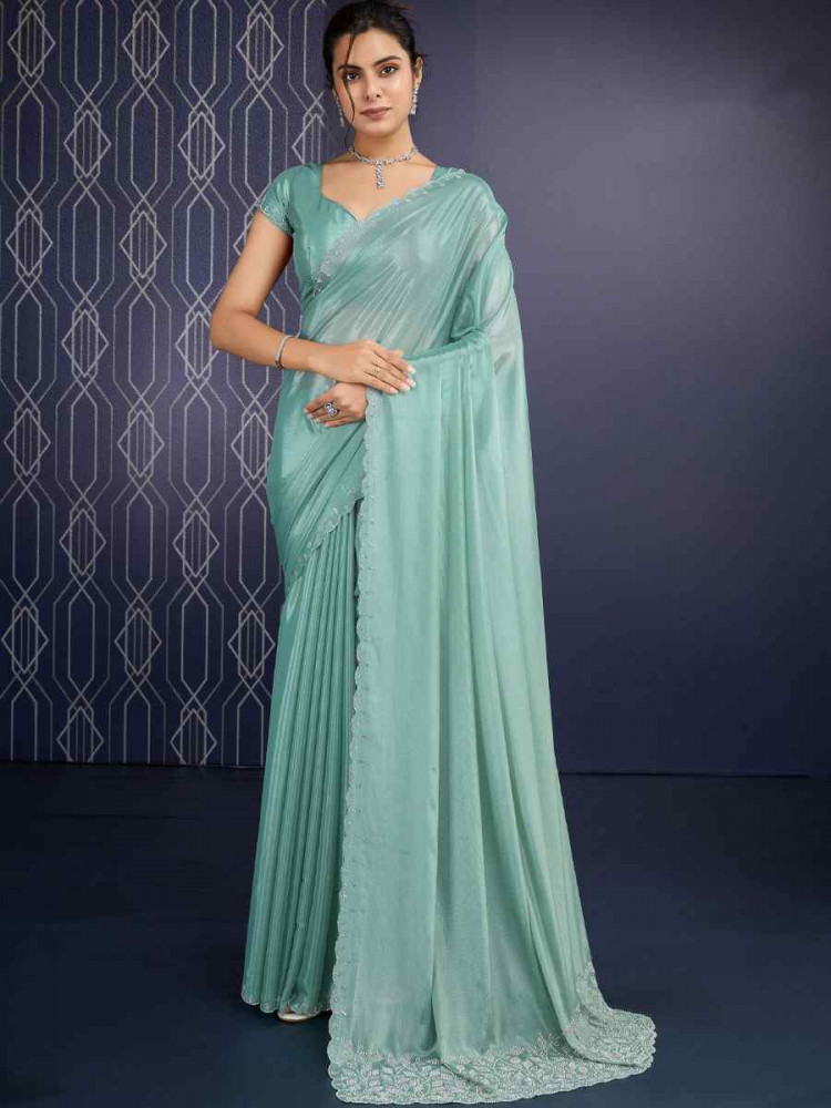 Image of Green Georgette Embroidery Casual Reception Festival Wedding Fancy Heavy Border Sarees