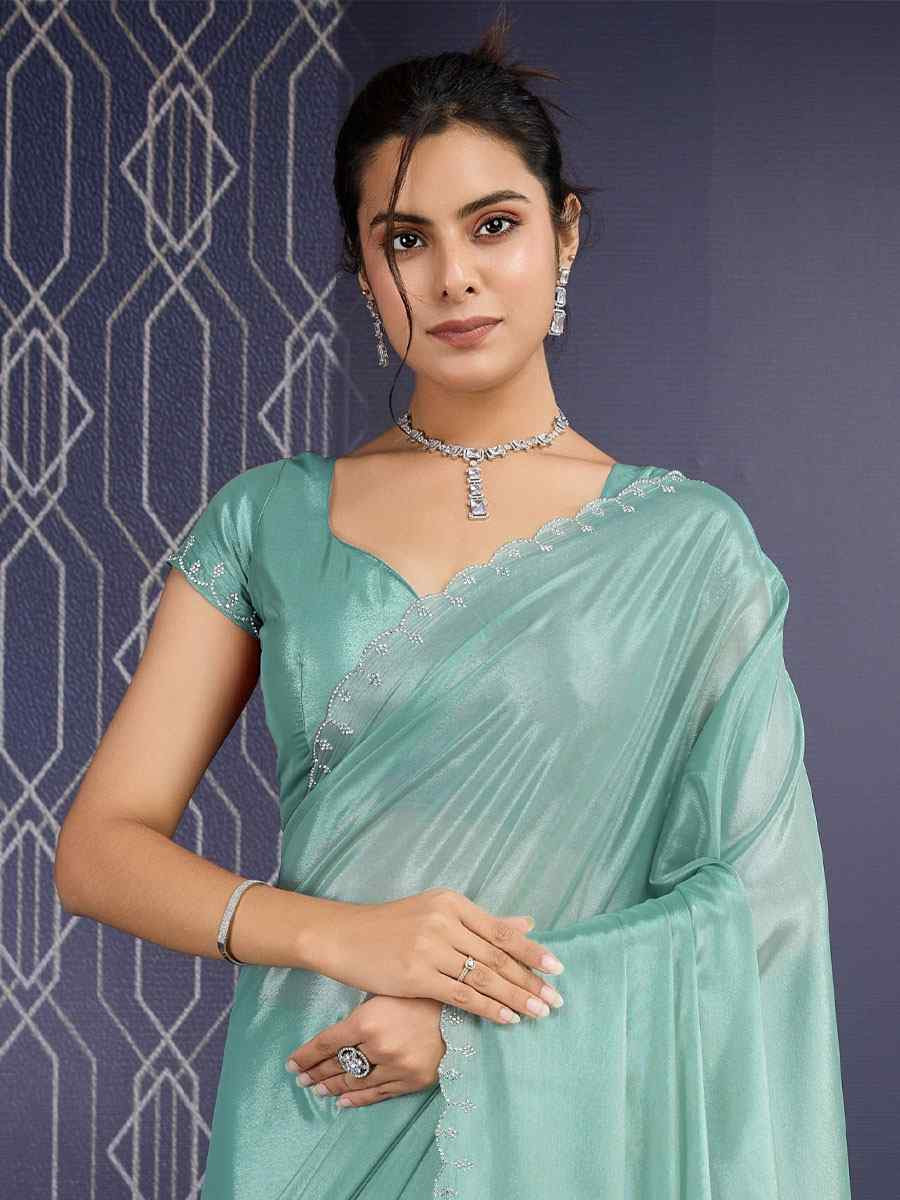 Green Georgette Embroidery Casual Reception Festival Wedding Fancy Heavy Border Sarees