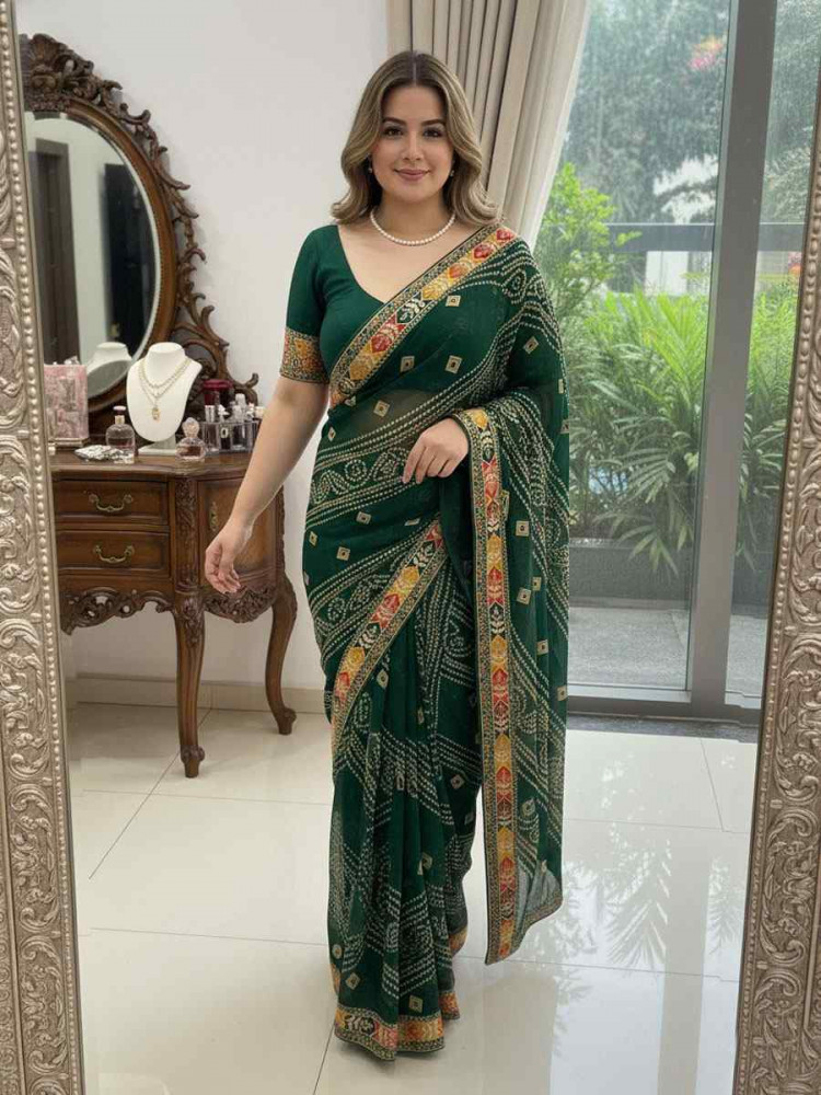 Image of Green Georgette Embroidery Printed Casual Reception Festival Wedding Fancy Classic Style Sarees