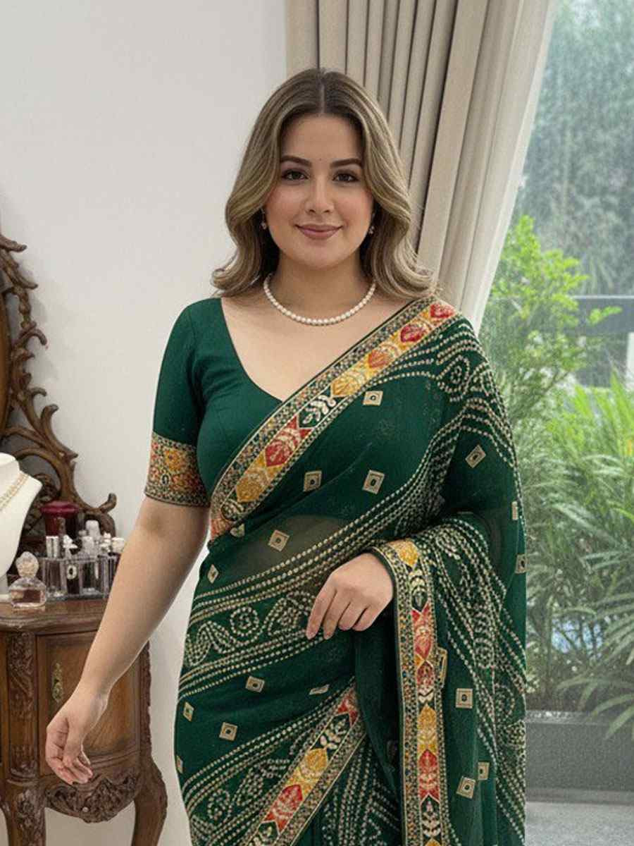 Green Georgette Embroidery Printed Casual Reception Festival Wedding Fancy Classic Style Sarees