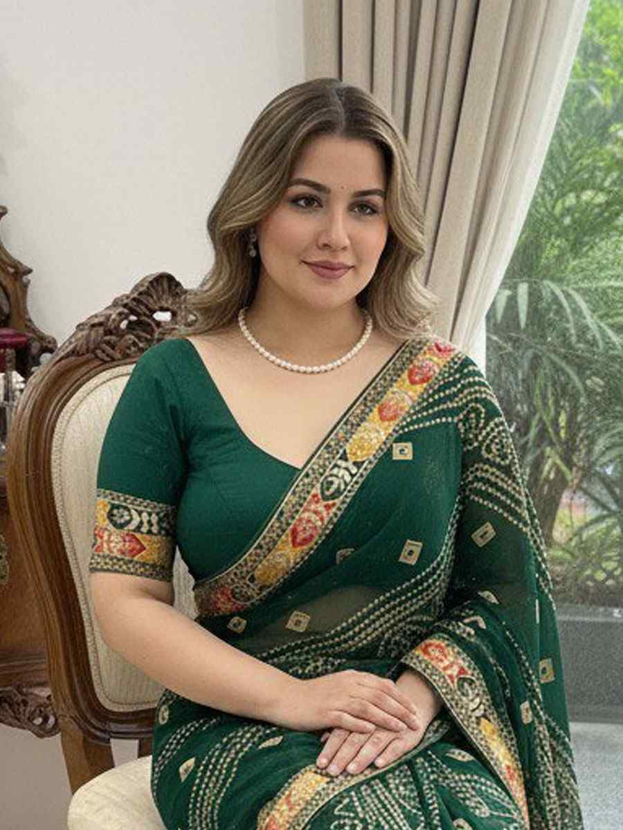 Green Georgette Embroidery Printed Casual Reception Festival Wedding Fancy Classic Style Sarees