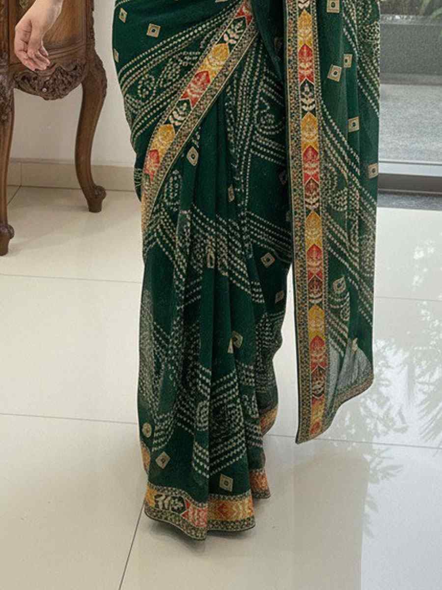 Green Georgette Embroidery Printed Casual Reception Festival Wedding Fancy Classic Style Sarees