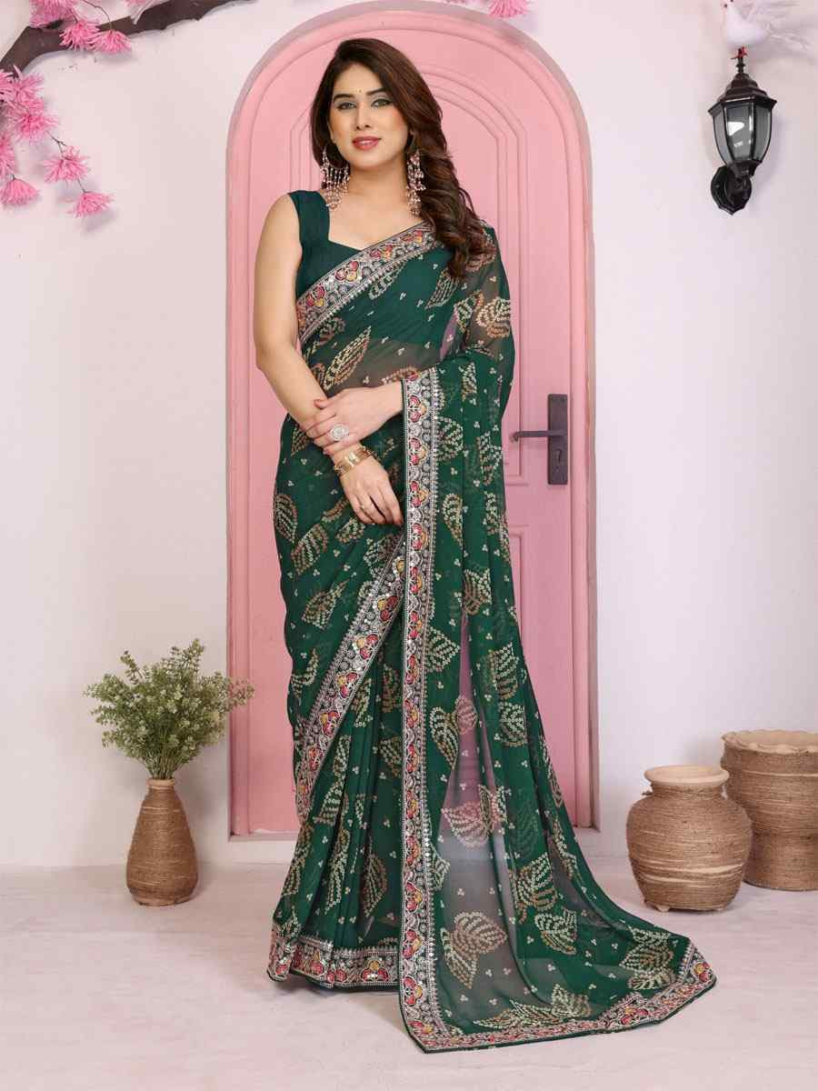 Green Georgette Embroidery Printed Traditional Bridal Reception Festival Wedding Fancy Heavy Border Saree