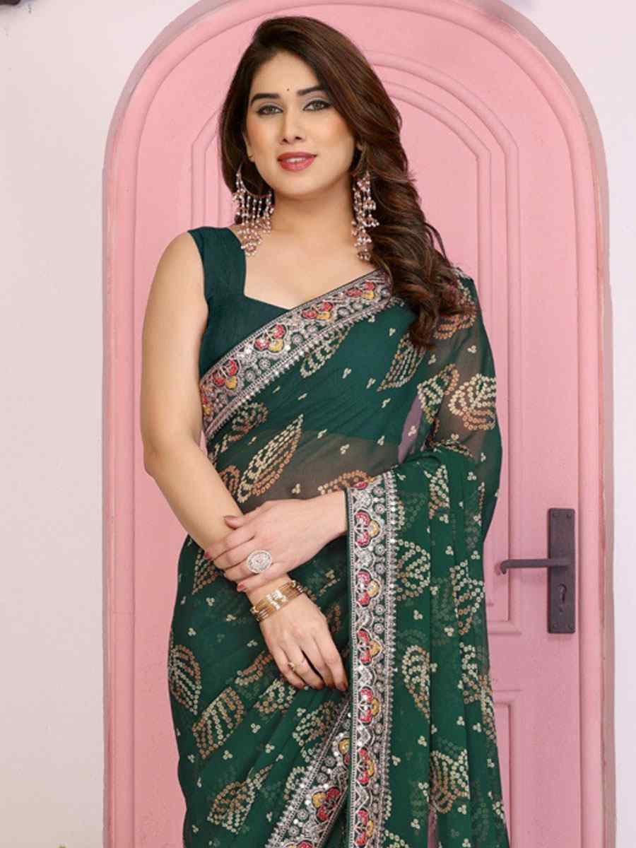 Green Georgette Embroidery Printed Traditional Bridal Reception Festival Wedding Fancy Heavy Border Saree
