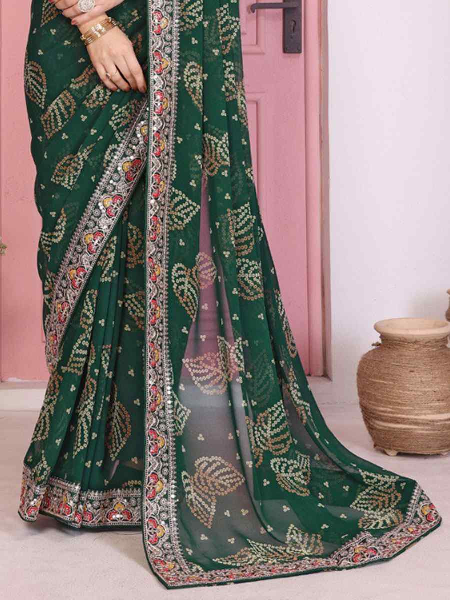 Green Georgette Embroidery Printed Traditional Bridal Reception Festival Wedding Fancy Heavy Border Saree