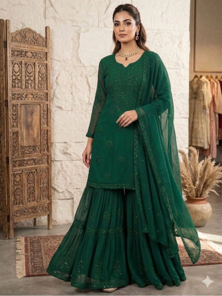 Image of Green Georgette Embroidery Sequins Wedding Party Festival Casual Sharara Pant Salwar Kameez