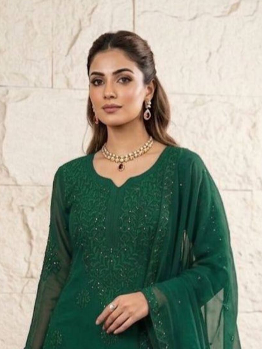 Green Georgette Embroidery Sequins Wedding Party Festival Casual Sharara Pant Salwar Kameez
