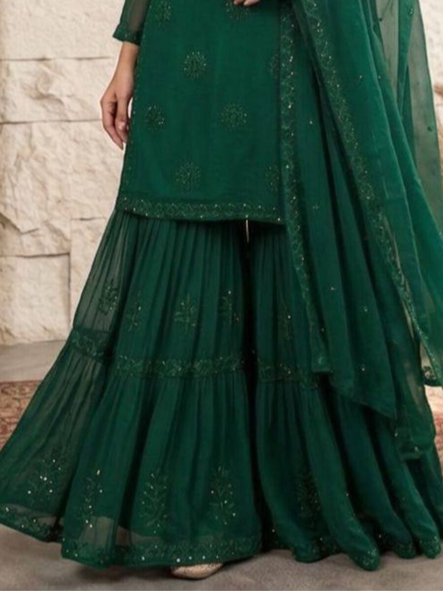 Green Georgette Embroidery Sequins Wedding Party Festival Casual Sharara Pant Salwar Kameez