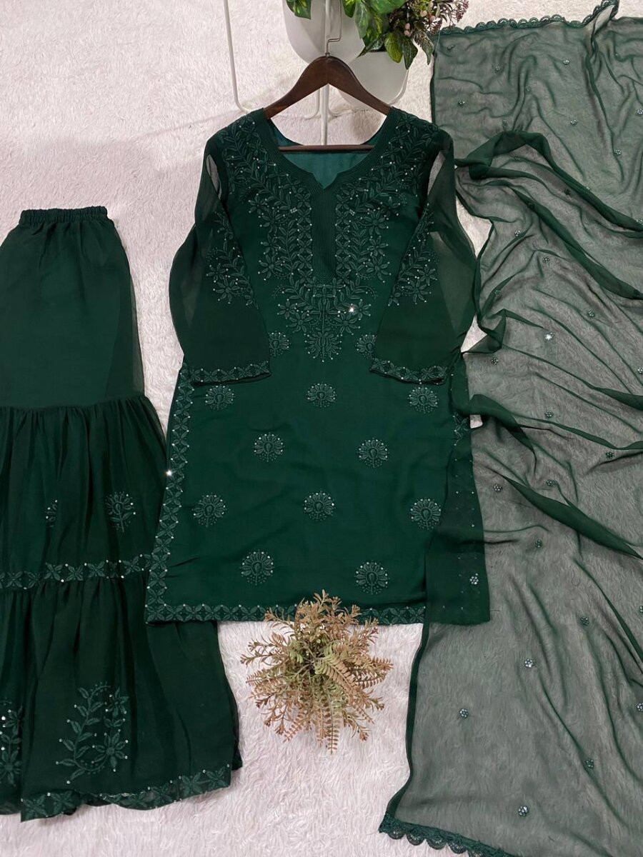 Green Georgette Embroidery Sequins Wedding Party Festival Casual Sharara Pant Salwar Kameez