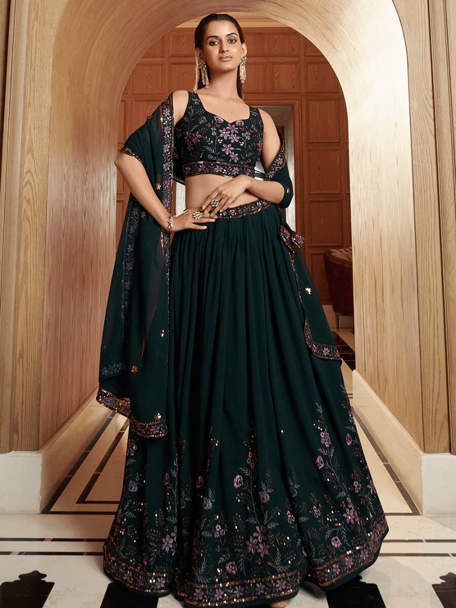 Green Georgette Embroidery Sequins Wedding Reception Party Festival Heavy Border Lehenga Choli