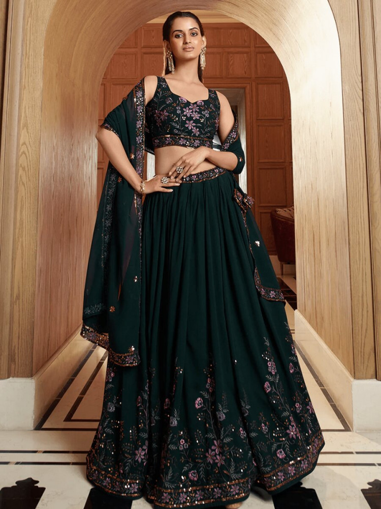 Image of Green Georgette Embroidery Sequins Wedding Reception Party Festival Heavy Border Lehenga Choli