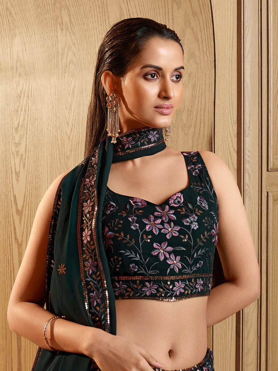 Green Georgette Embroidery Sequins Wedding Reception Party Festival Heavy Border Lehenga Choli