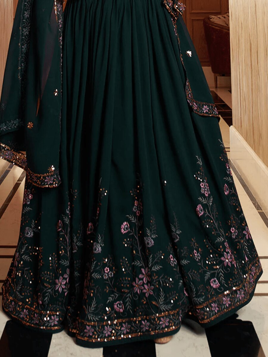 Green Georgette Embroidery Sequins Wedding Reception Party Festival Heavy Border Lehenga Choli
