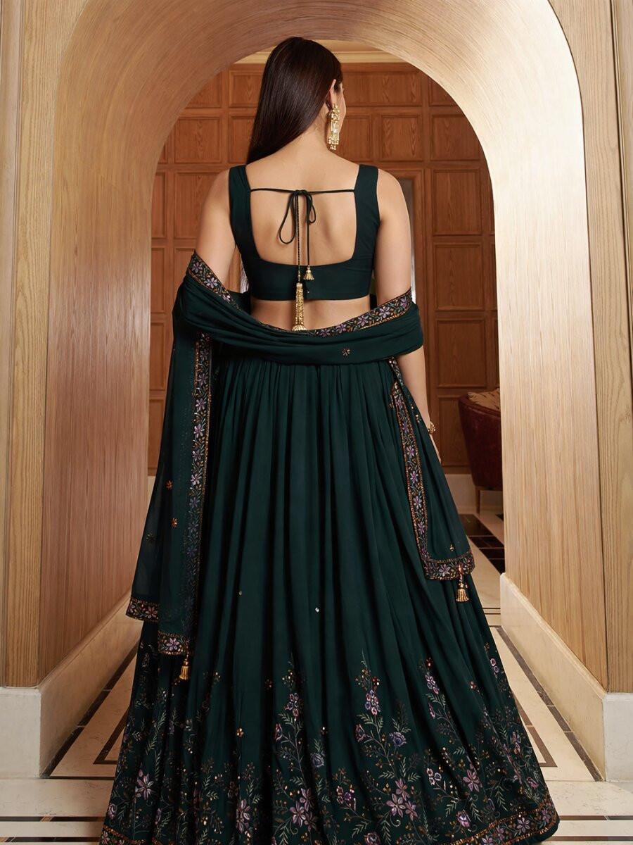Green Georgette Embroidery Sequins Wedding Reception Party Festival Heavy Border Lehenga Choli