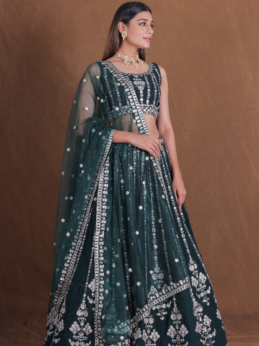 Green Georgette Embroidery Sequins Zari Wedding Reception Party Festival Heavy Border Lehenga Choli