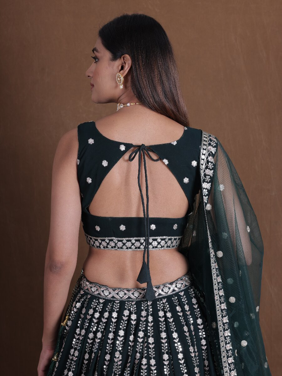 Green Georgette Embroidery Sequins Zari Wedding Reception Party Festival Heavy Border Lehenga Choli