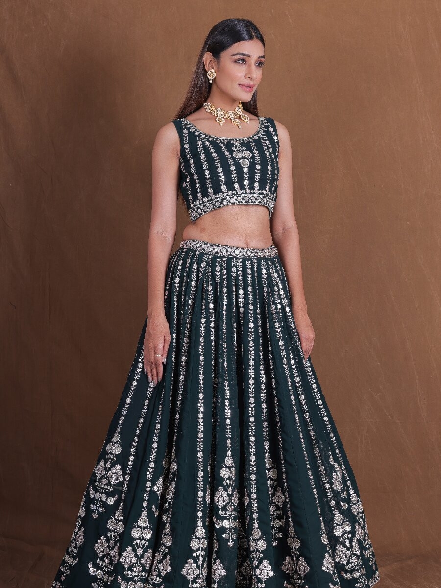 Green Georgette Embroidery Sequins Zari Wedding Reception Party Festival Heavy Border Lehenga Choli