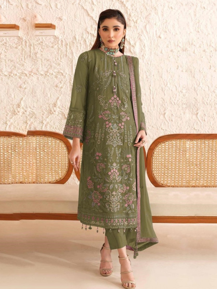 Image of Green Georgette Embroidery Zari Sequins Wedding Festival Party Casual Pant Salwar Kameez