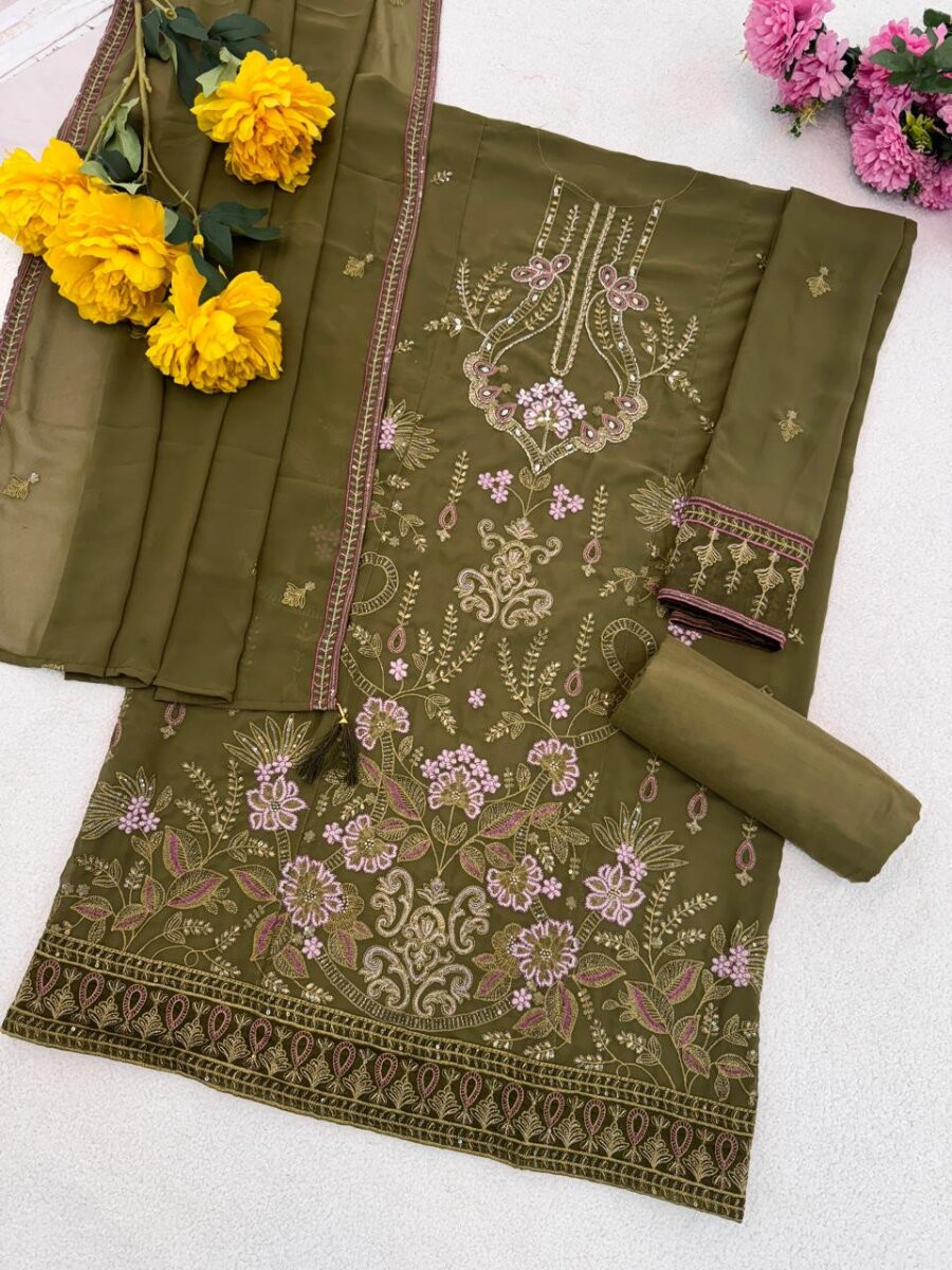 Green Georgette Embroidery Zari Sequins Wedding Festival Party Casual Pant Salwar Kameez