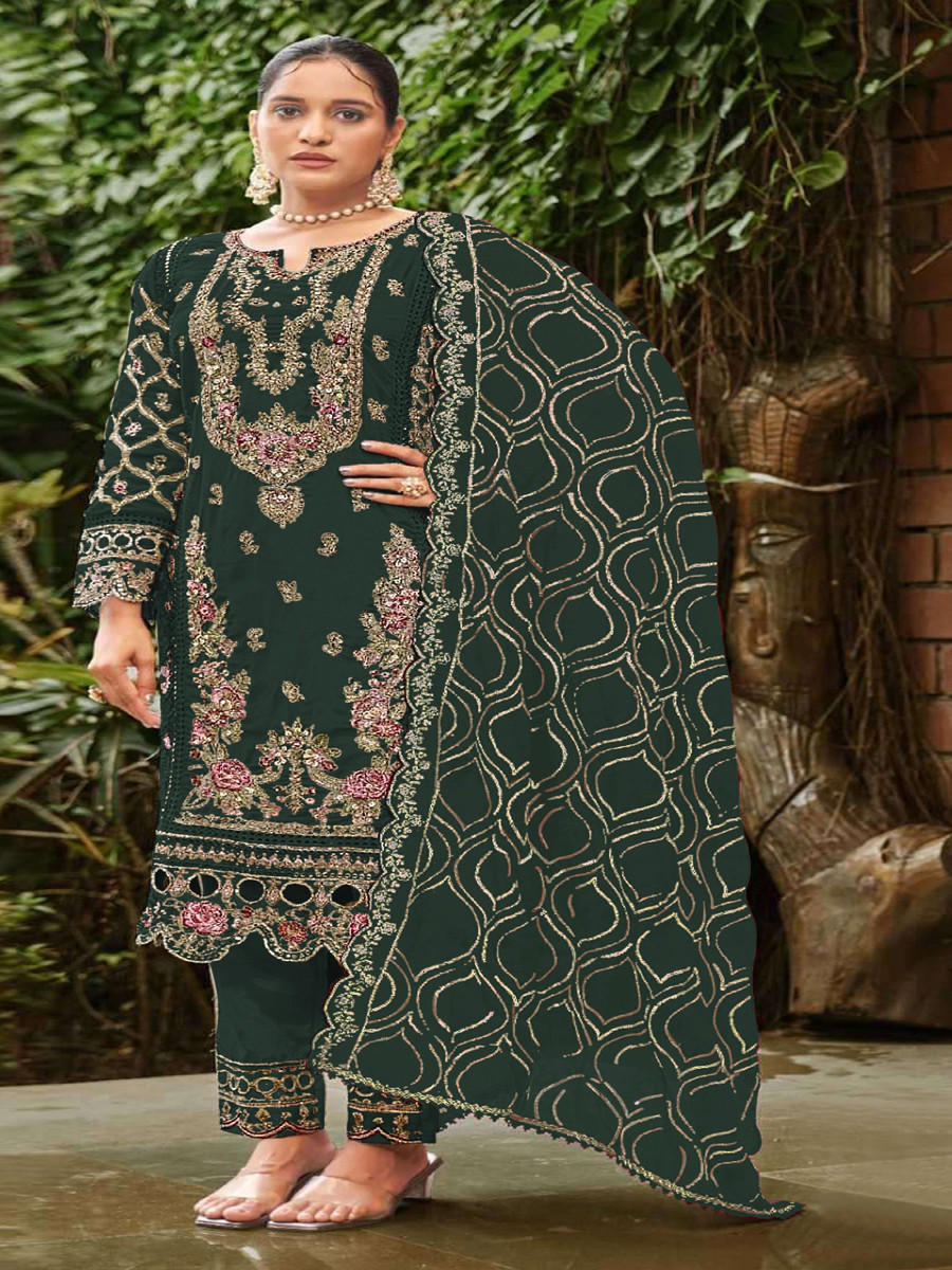 Green Georgette Embroidery Zari Sequins Wedding Party Festival Casual Pant Salwar Kameez