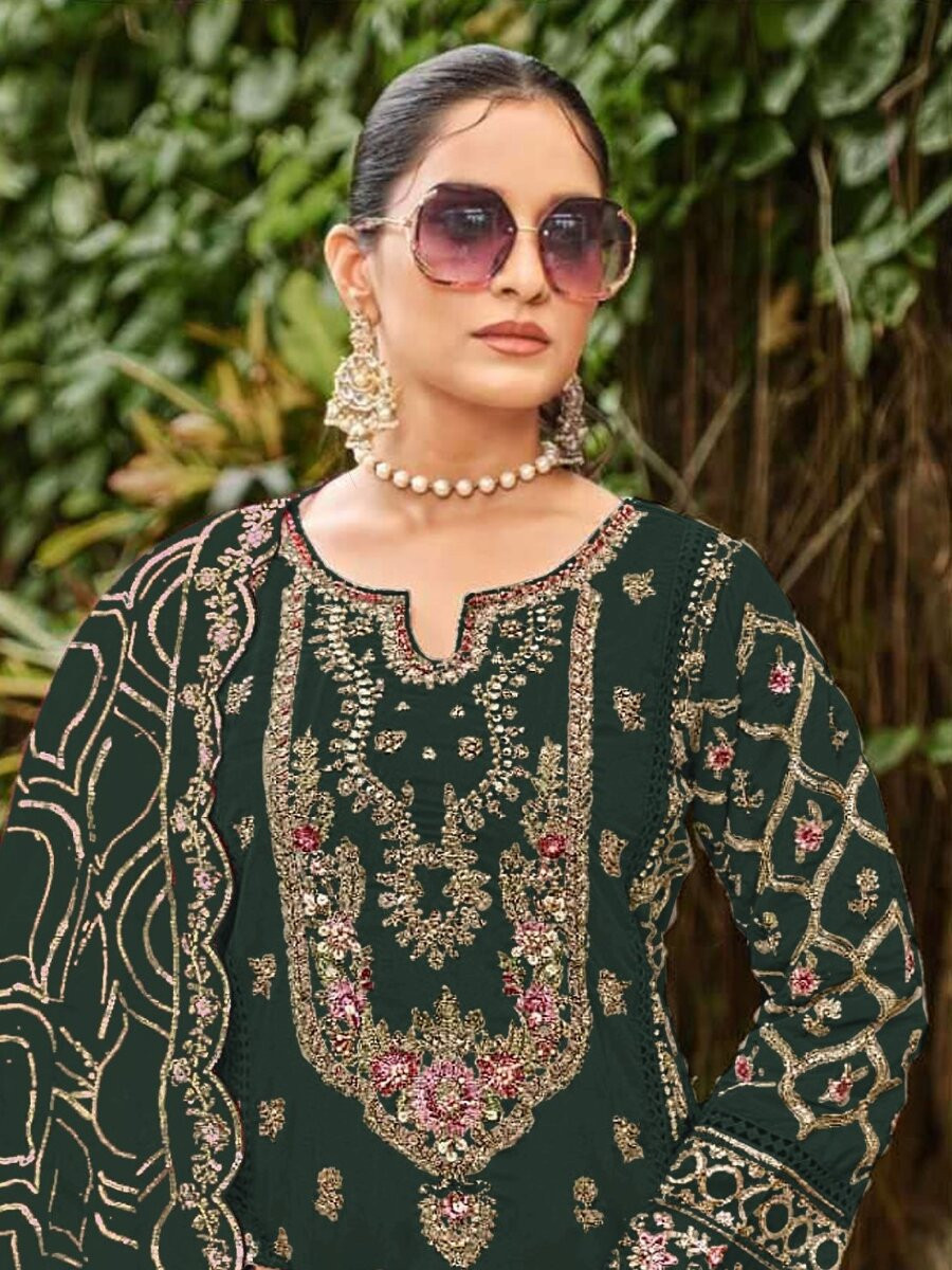 Green Georgette Embroidery Zari Sequins Wedding Party Festival Casual Pant Salwar Kameez