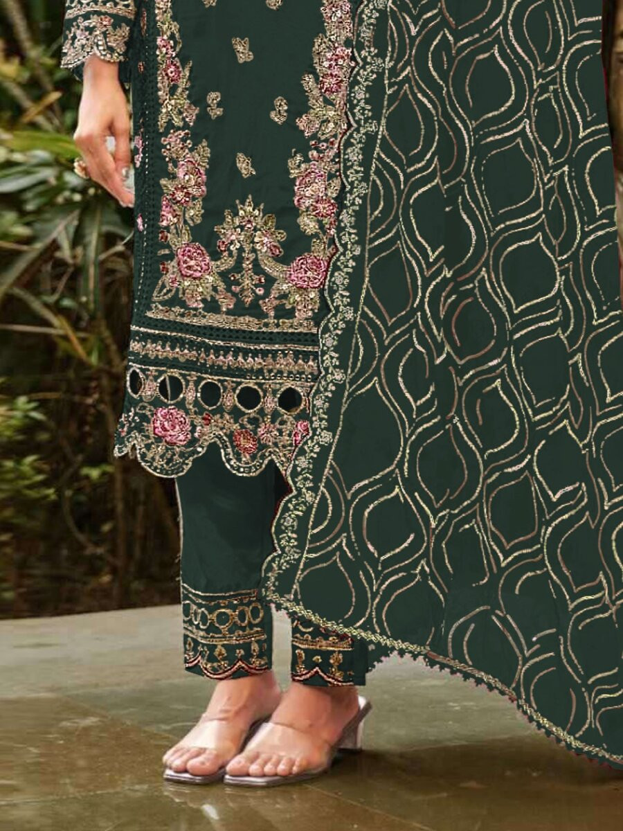 Green Georgette Embroidery Zari Sequins Wedding Party Festival Casual Pant Salwar Kameez