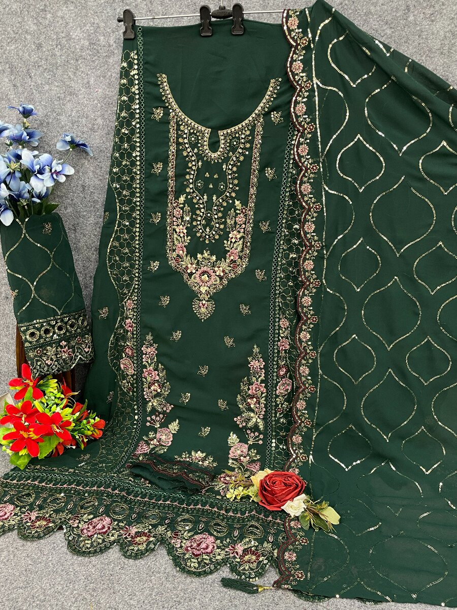 Green Georgette Embroidery Zari Sequins Wedding Party Festival Casual Pant Salwar Kameez