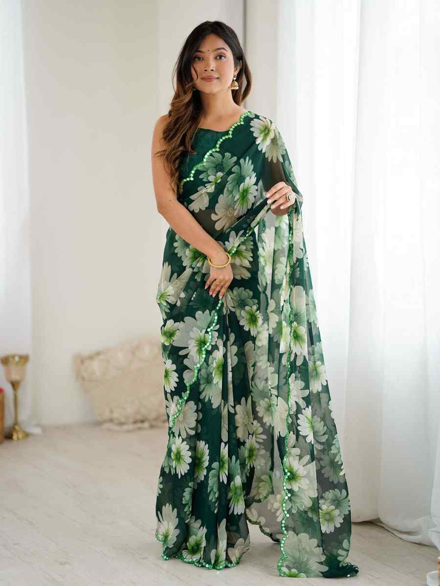 Green Georgette Floral Print with Border Embroidery Party Bridal Reception Festival Wedding Fancy Classic Style Sarees
