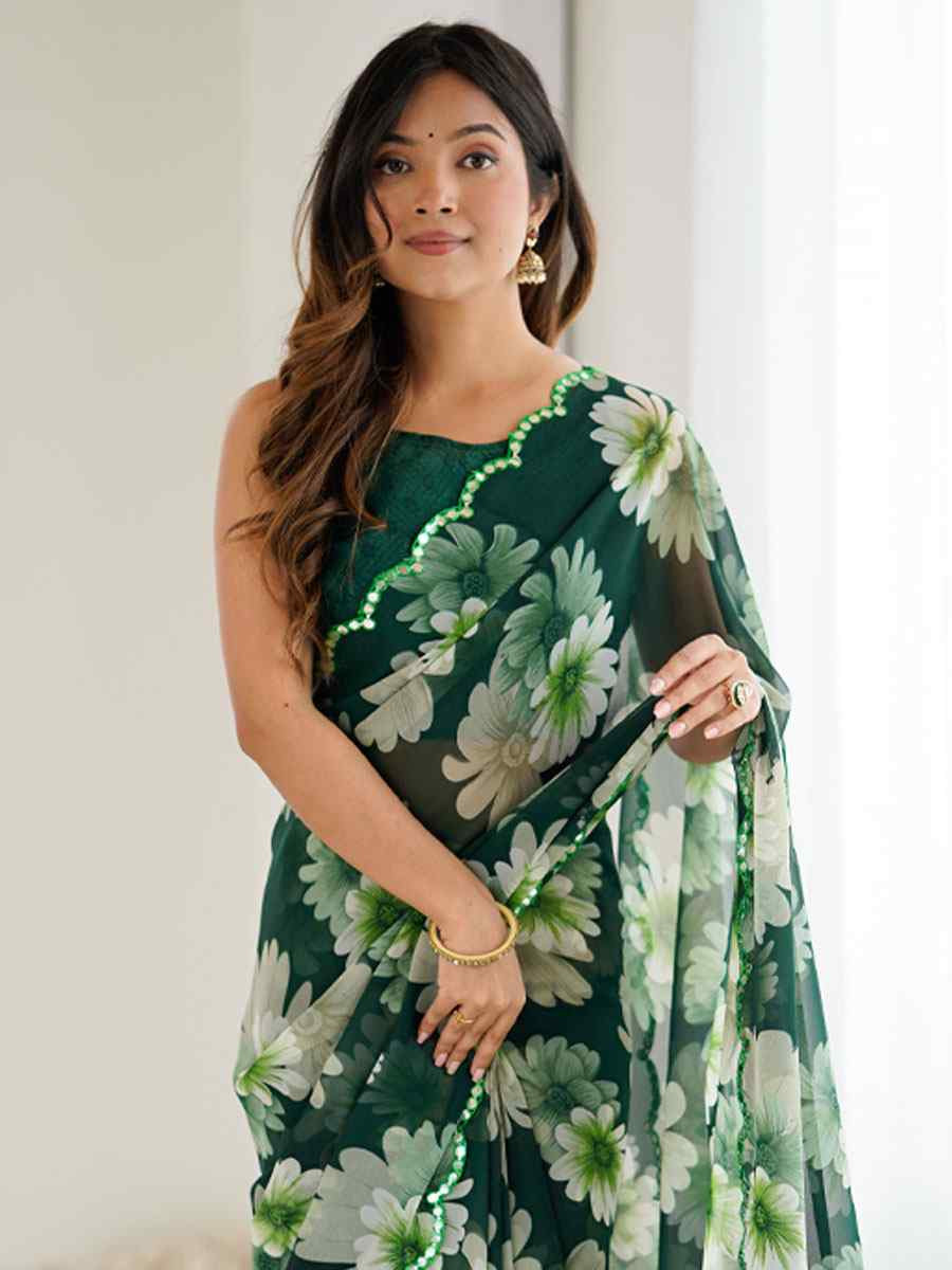 Green Georgette Floral Print with Border Embroidery Party Bridal Reception Festival Wedding Fancy Classic Style Sarees