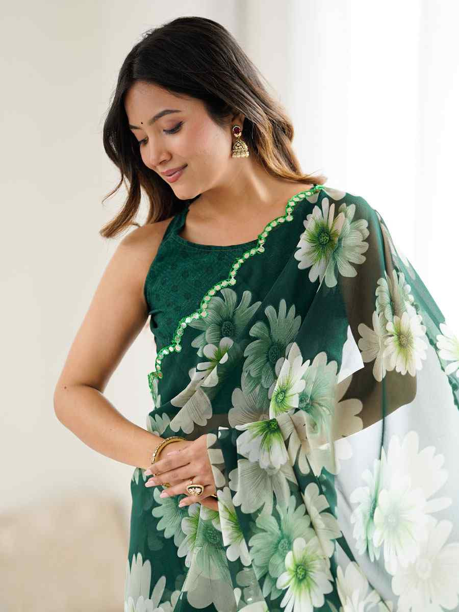Green Georgette Floral Print with Border Embroidery Party Bridal Reception Festival Wedding Fancy Classic Style Sarees