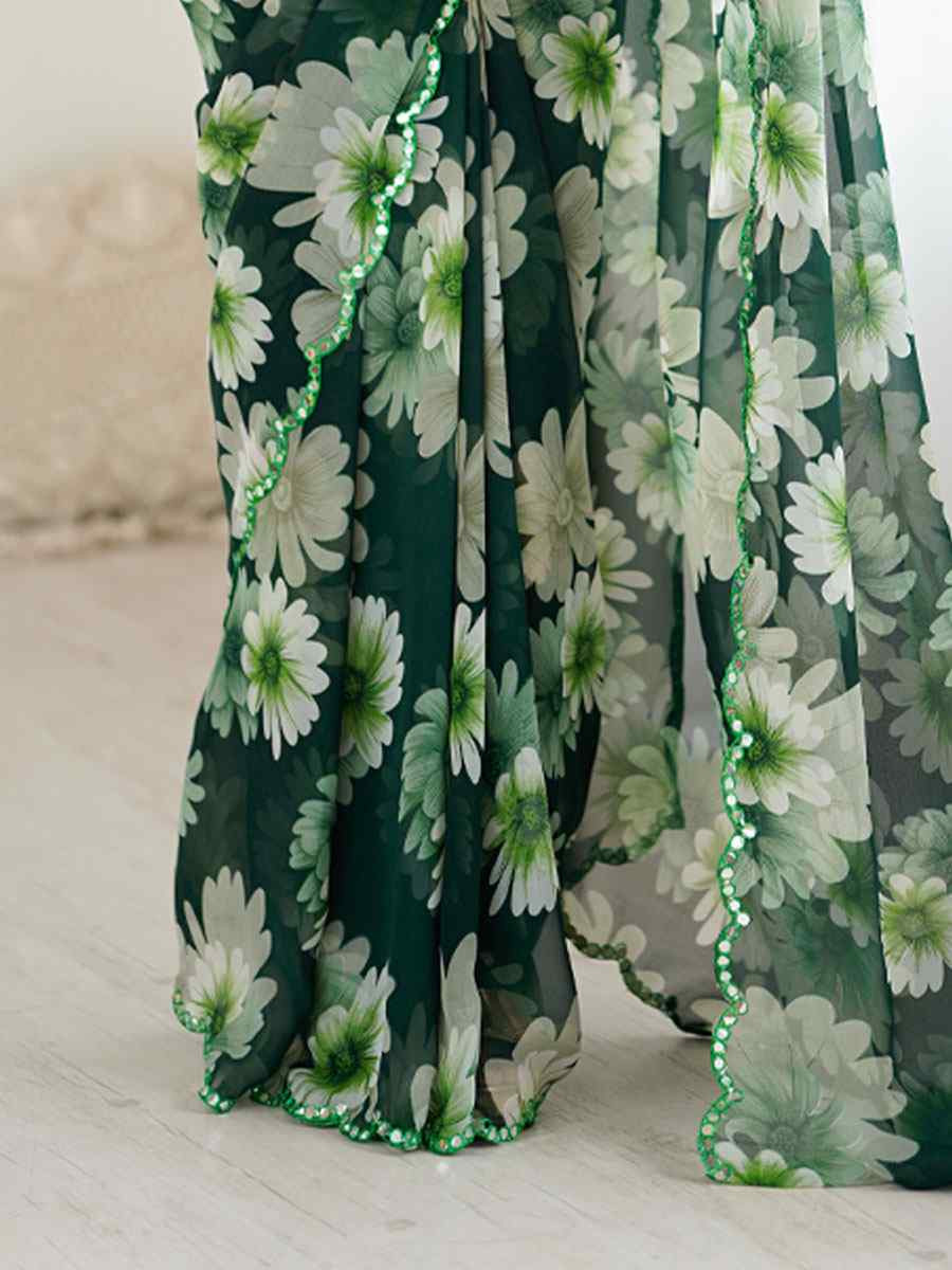 Green Georgette Floral Print with Border Embroidery Party Bridal Reception Festival Wedding Fancy Classic Style Sarees