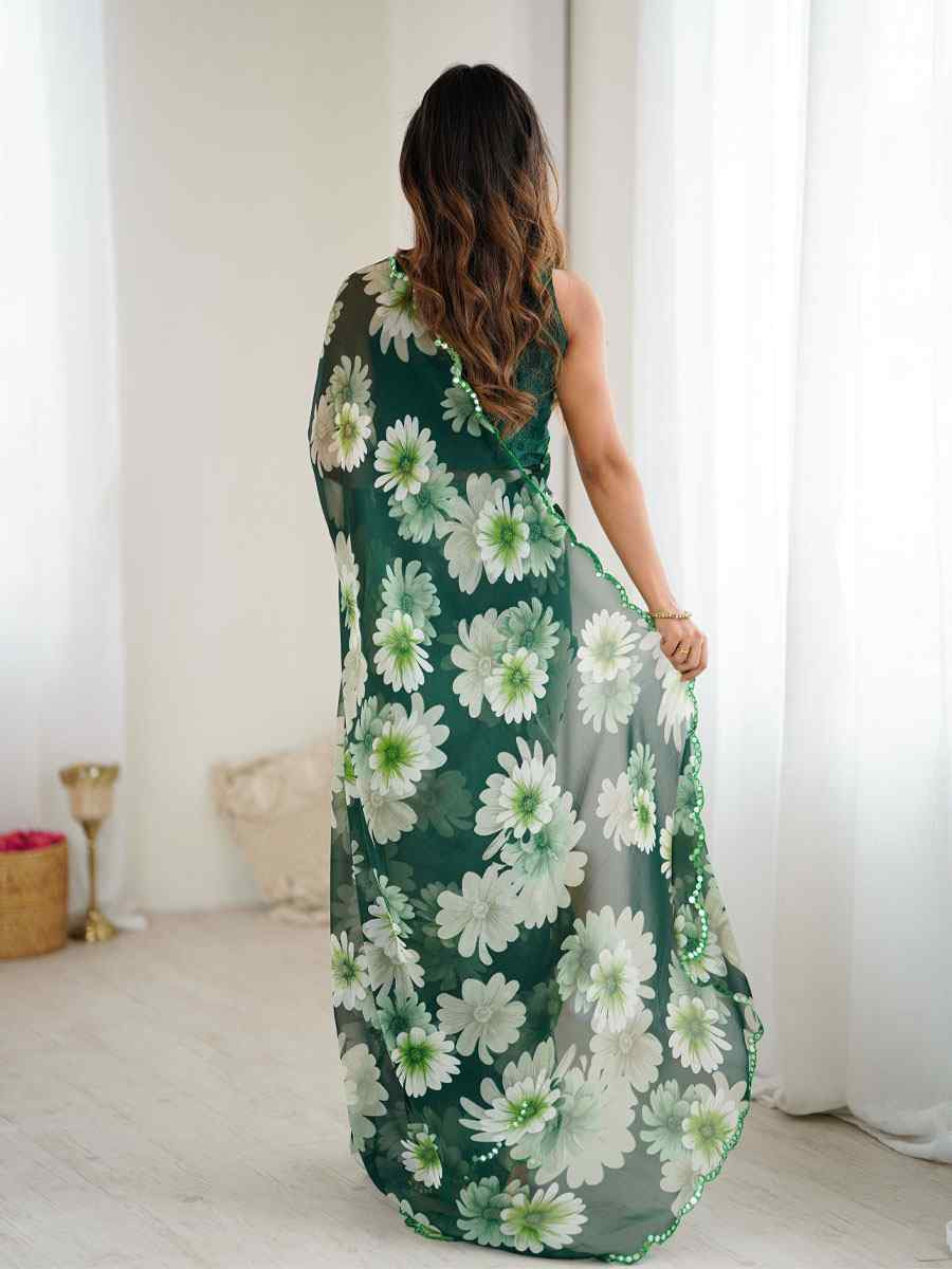 Green Georgette Floral Print with Border Embroidery Party Bridal Reception Festival Wedding Fancy Classic Style Sarees