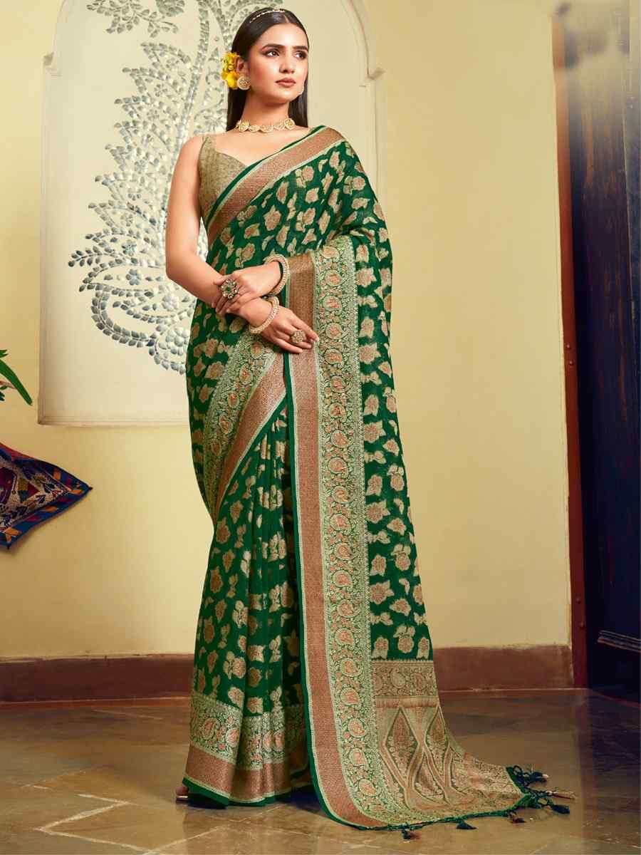 Green Georgette Handwoven Festival Wedding Fancy Heavy Border Saree