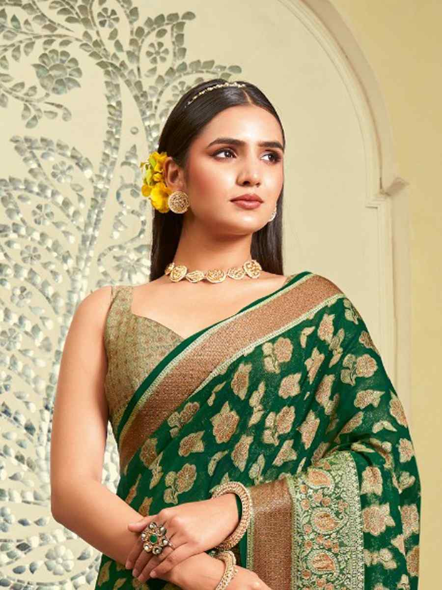 Green Georgette Handwoven Festival Wedding Fancy Heavy Border Saree