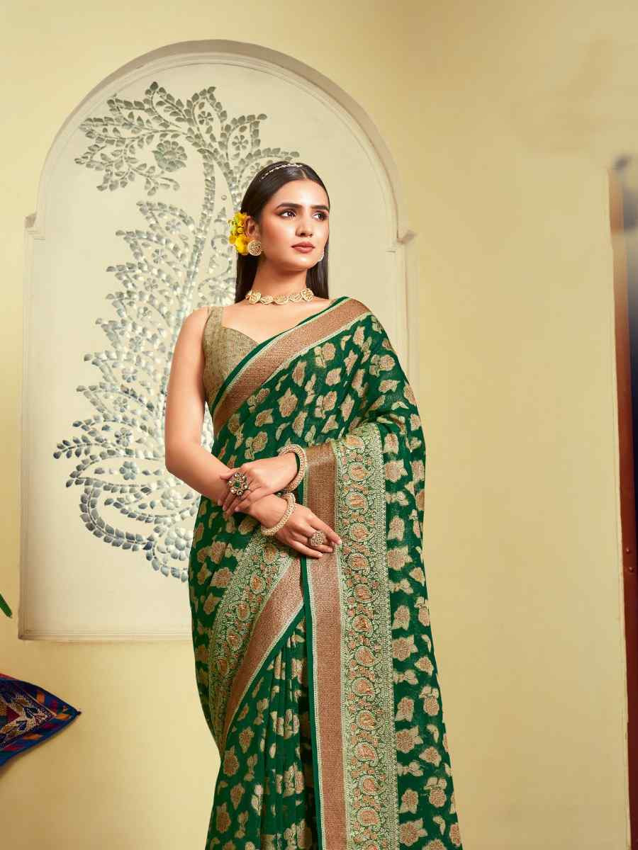 Green Georgette Handwoven Festival Wedding Fancy Heavy Border Saree