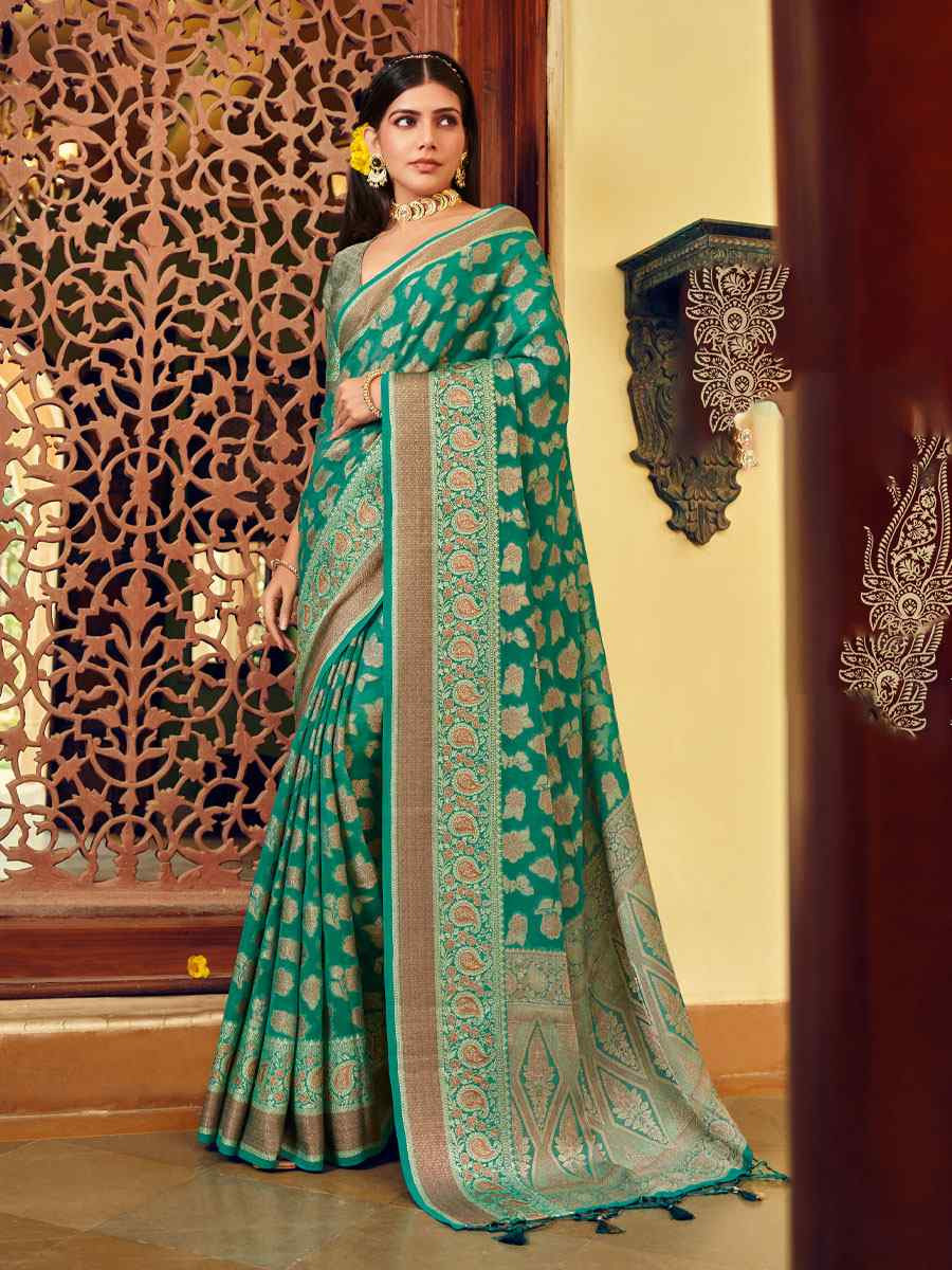 Green Georgette Handwoven Festival Wedding Fancy Heavy Border Saree
