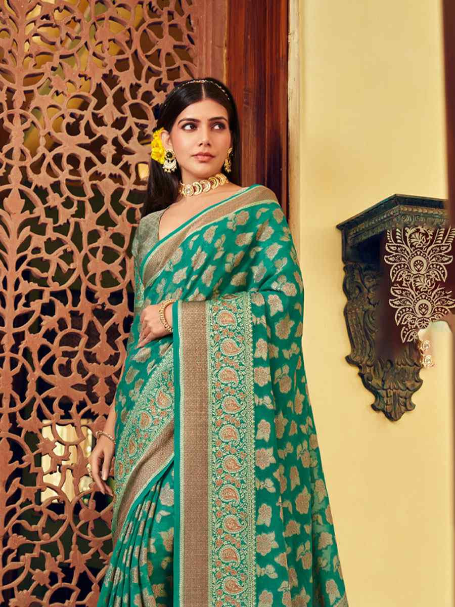 Green Georgette Handwoven Festival Wedding Fancy Heavy Border Saree