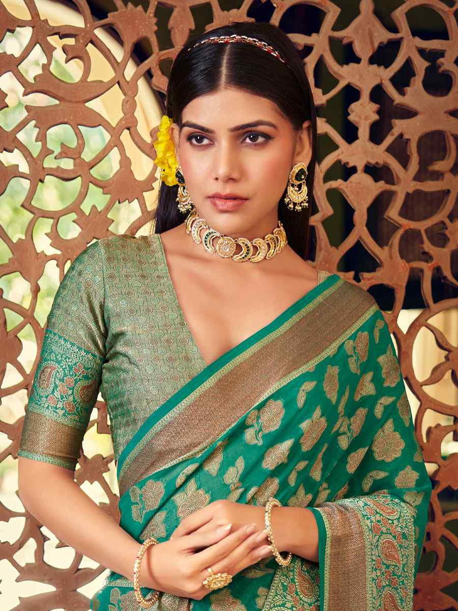 Green Georgette Handwoven Festival Wedding Fancy Heavy Border Saree