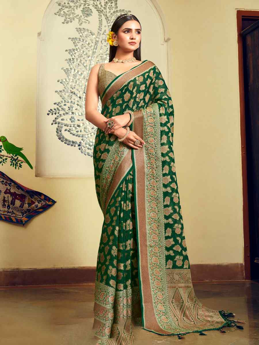 Green Georgette Handwoven Festival Wedding Fancy Heavy Border Saree