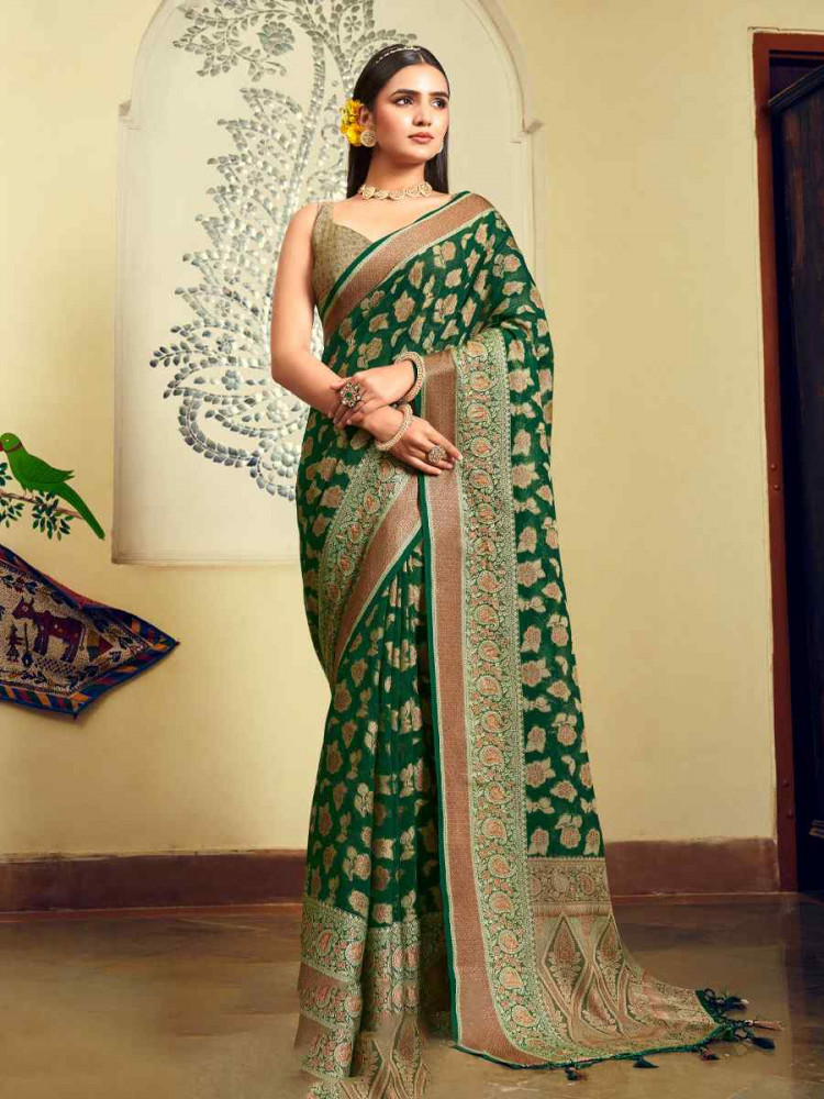 Image of Green Georgette Handwoven Festival Wedding Fancy Heavy Border Saree