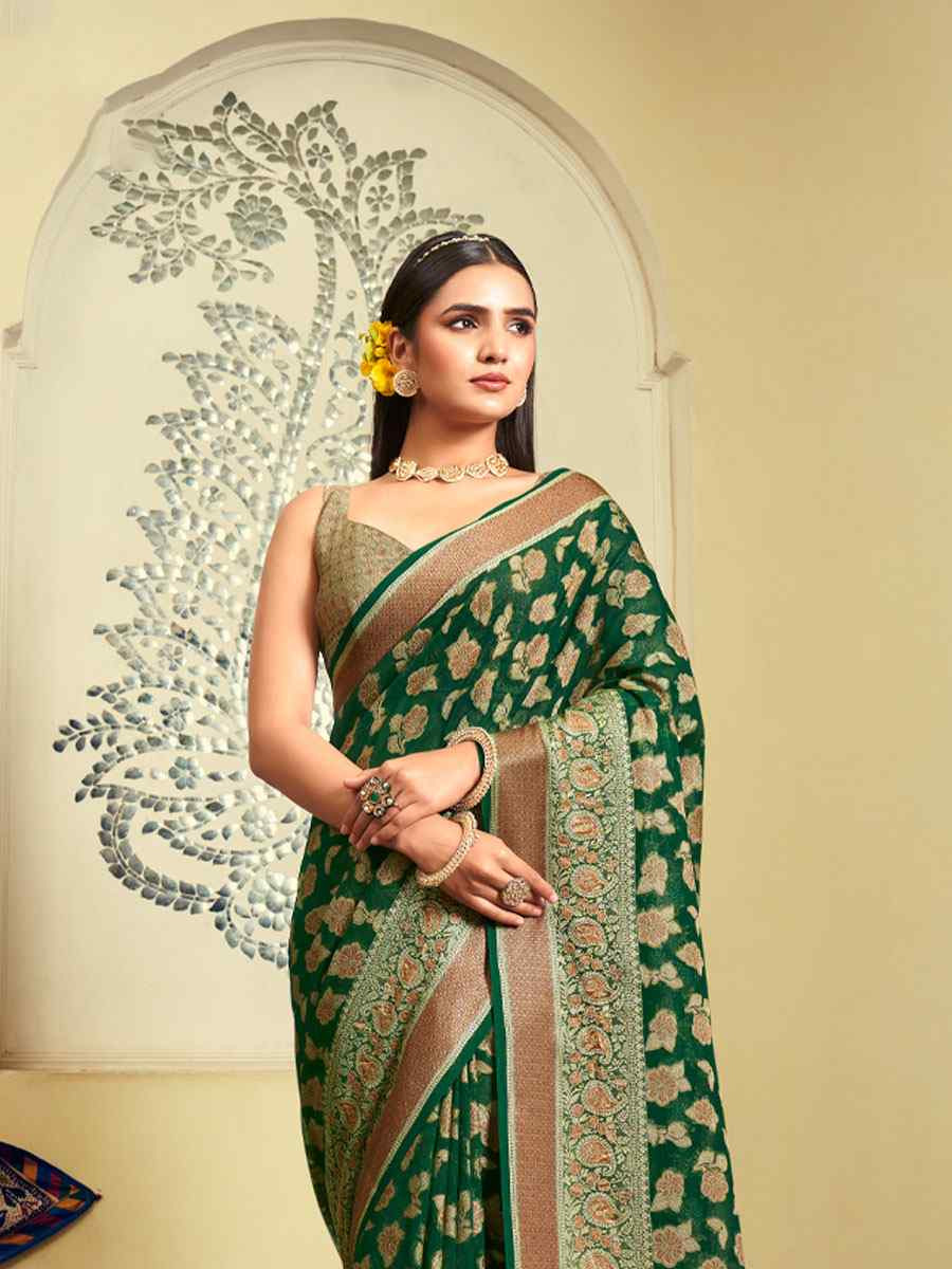 Green Georgette Handwoven Festival Wedding Fancy Heavy Border Saree