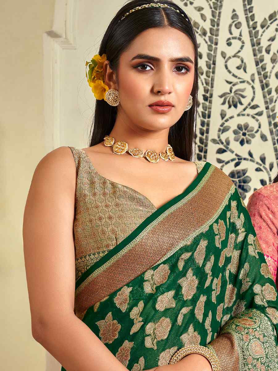 Green Georgette Handwoven Festival Wedding Fancy Heavy Border Saree