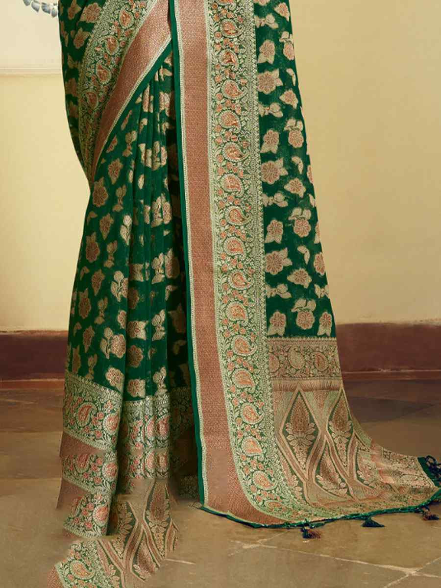 Green Georgette Handwoven Festival Wedding Fancy Heavy Border Saree