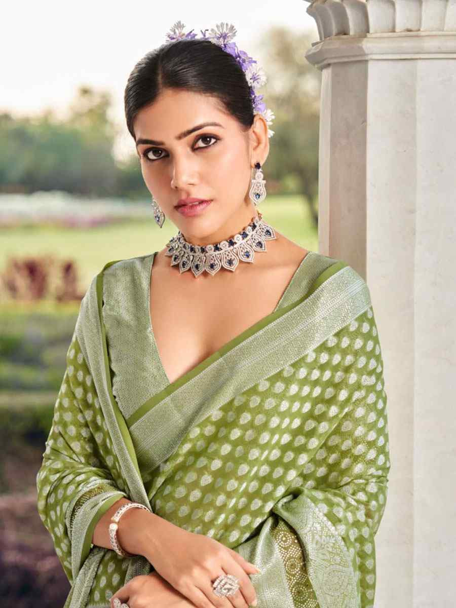 Green Georgette Handwoven Zari Bridal Reception Festival Wedding Fancy Heavy Border Saree