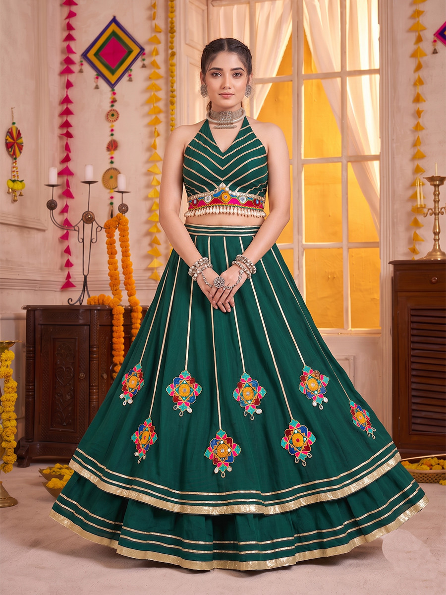 Green Georgette Mirror Gamthi Wedding Reception Festival Party Wear Circular Lehenga Choli