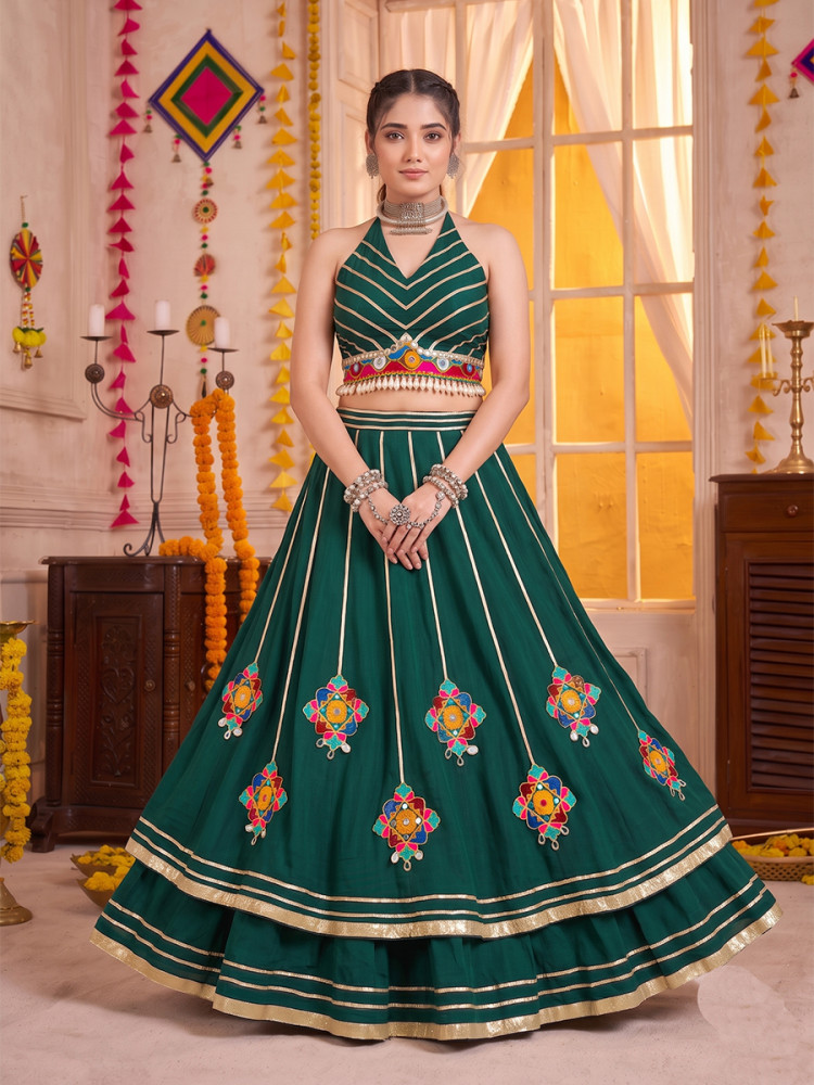 Image of Green Georgette Mirror Gamthi Wedding Reception Festival Party Wear Circular Lehenga Choli